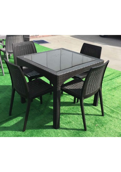 Rattan Camlı Kare Masa Takımı 90X90 Cm + 4 Adet Rattan Koltuk