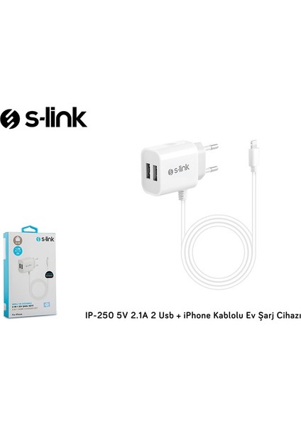 S-link IP-250 5V 2.1A 2 Usb + iPhone Uyumlu Kablolu Ev Şarj Cihazı