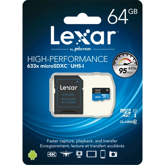 Lexar 64GB microSDXC UHS-I 633X 95mb/sn (Class 10) U1+ SD Adaptor Hafıza Kartı LSDMI64GBBEU633A