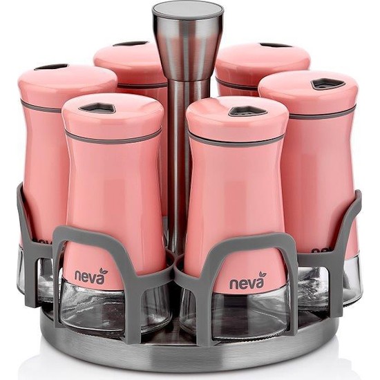 Neva N2404 Sweet Pembe Maxi 6'lı Dönen Metal Cam Baharatlık Seti
