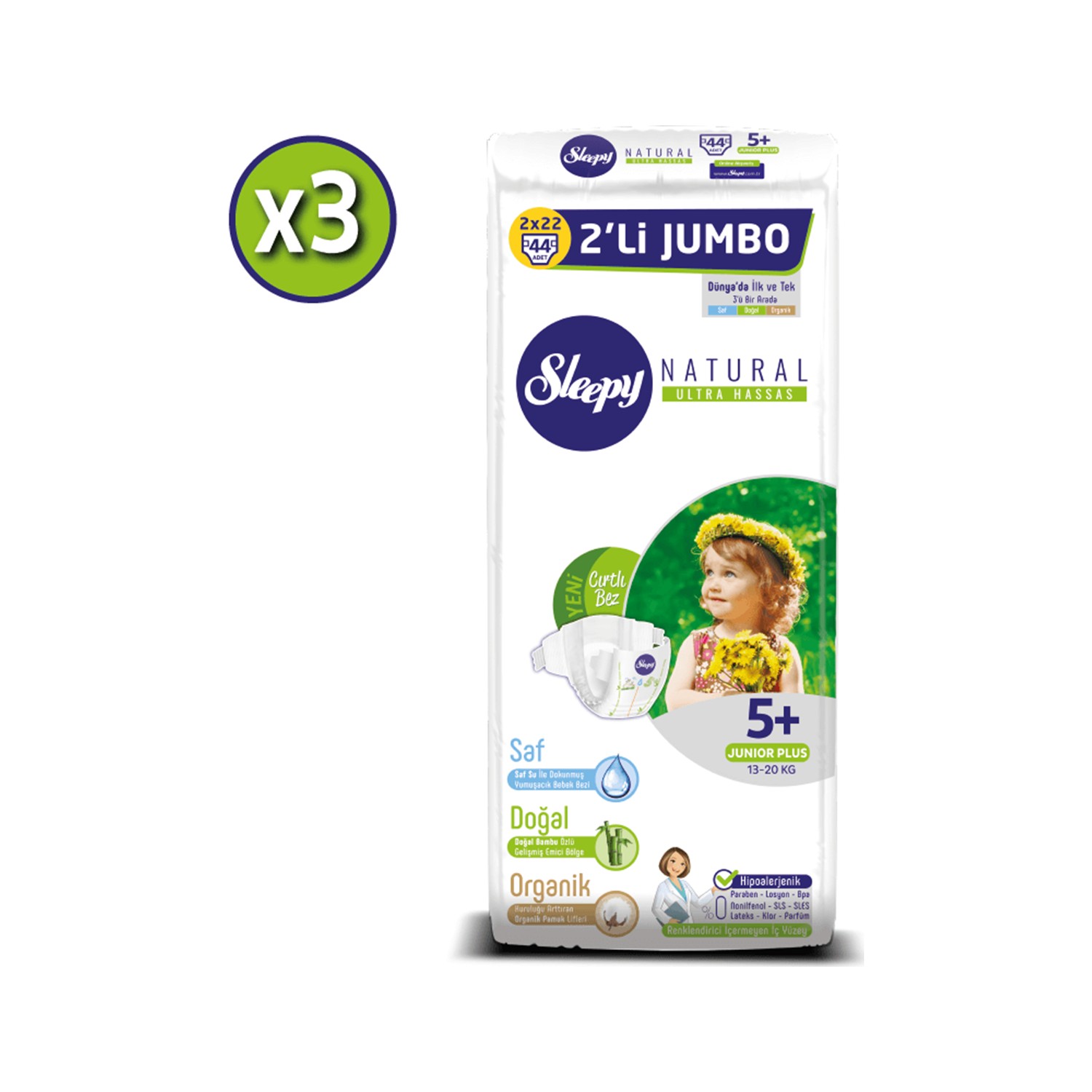 Sleepy Natural Bebek Bezi Ikili Jumbo 5+ Numara 44X3 (132