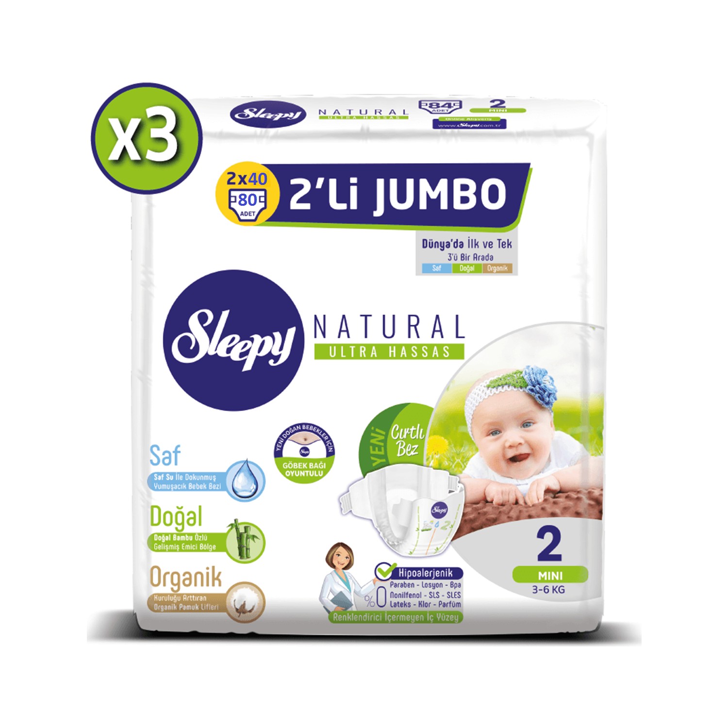 Sleepy Natural Bebek Bezi Ikili Jumbo 2 Numara 80X3 (240 Fiyatı