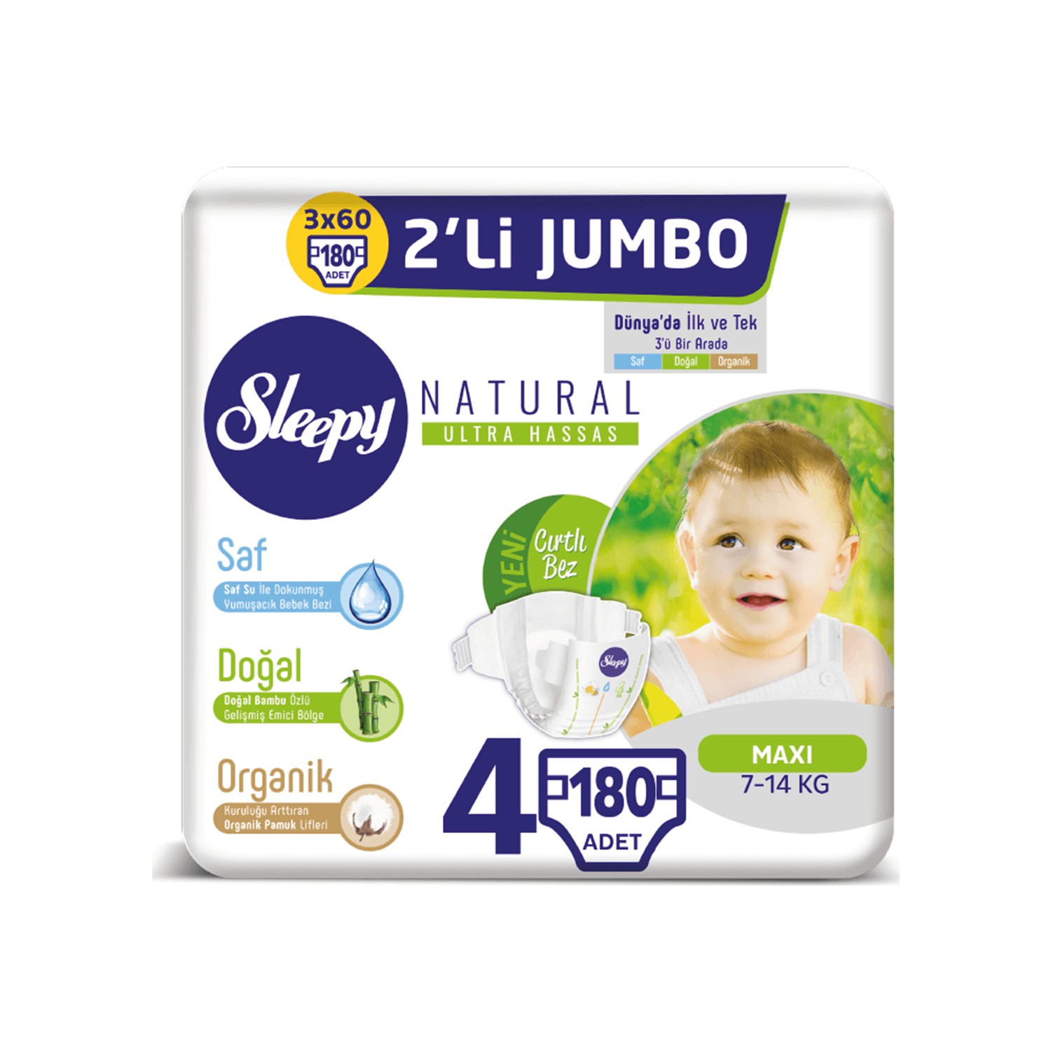 Sleepy Natural Bebek Bezi Ikili Jumbo 4 Numara 60X3 (180