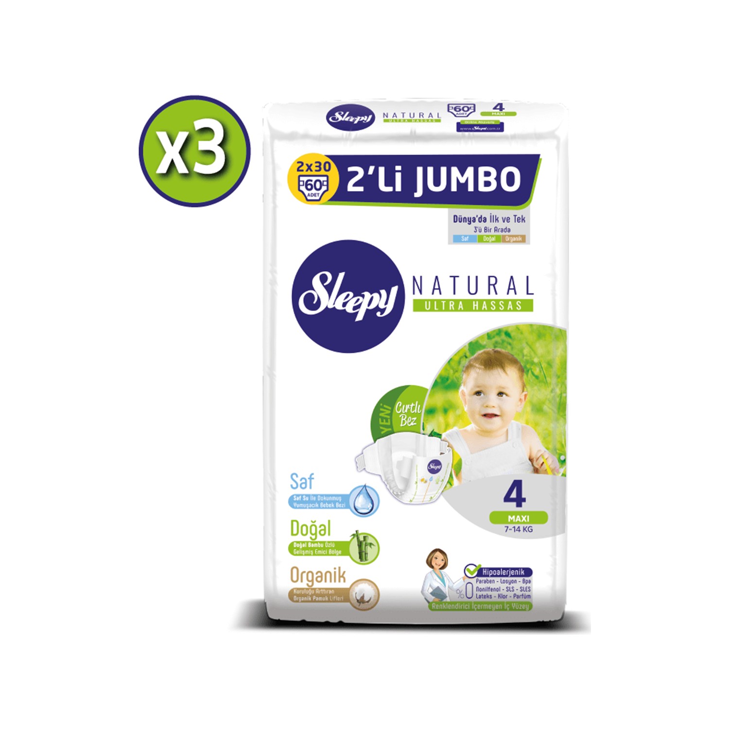 Sleepy Natural Bebek Bezi Ikili Jumbo 4 Numara 60X3 (180
