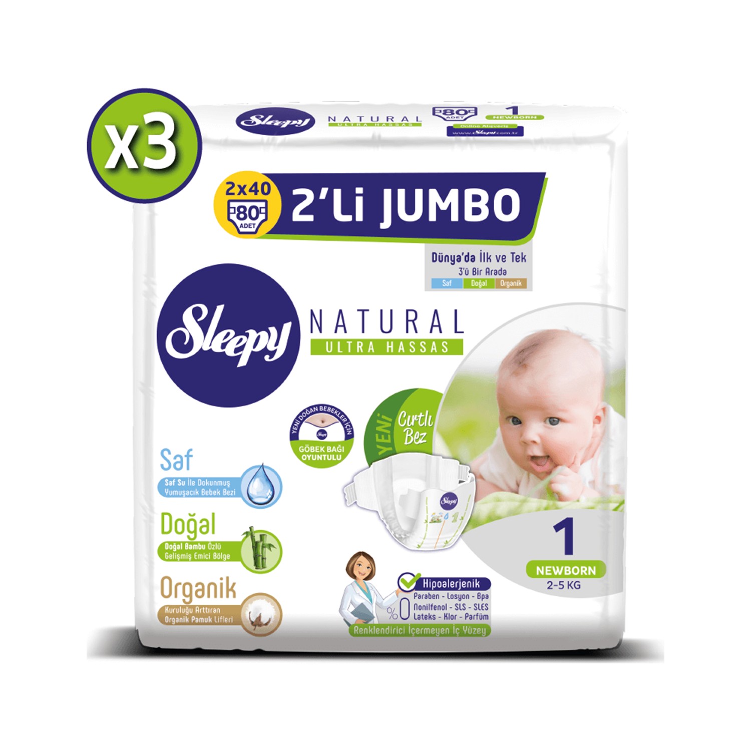 Sleepy Natural Bebek Bezi Ikili Jumbo 1 Numara 80X3 (240 Fiyatı