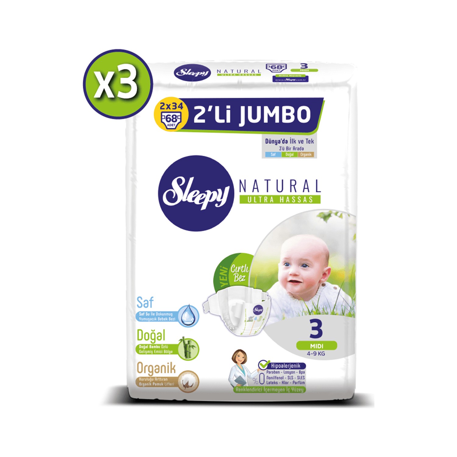 Sleepy Natural Bebek Bezi Ikili Jumbo 3 Numara 68X3 (204