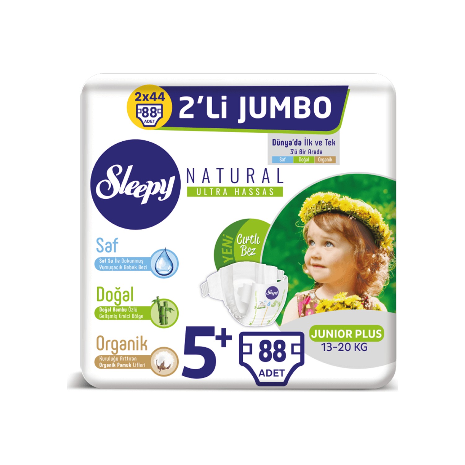 Sleepy Natural Bebek Bezi Ikili Jumbo 5+ Numara 44X2 (88 Sleepy Natural Bebek Bezi Ikili Jumbo 5+ Numara 44X2 (88