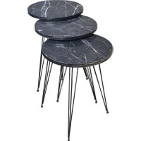 Hepsi Home Zigon Sehpa Metal Ayak 3lü Servis Sehpası Siyah Mermer Desen
