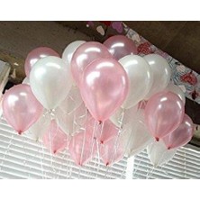 Balon Evi 25 Adet Metalik Sedefli (Pembe-Beyaz) Karışık Balon Helyumla Uçan