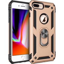 LionTech Apple iPhone 7 Plus Kılıf Zırh Koruma Yüzüklü Standlı Armor Silikon Kapak Gold