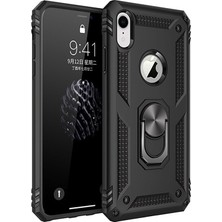 LionTech Apple iPhone XR Kılıf Zırh Koruma Yüzüklü Standlı Armor Silikon Kapak Siyah