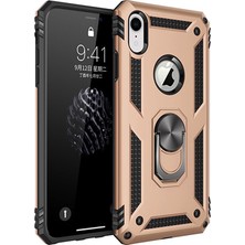 LionTech Apple iPhone XR Kılıf Zırh Koruma Yüzüklü Standlı Armor Silikon Kapak Gold