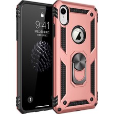 LionTech Apple iPhone XR Kılıf Zırh Koruma Yüzüklü Standlı Armor Silikon Kapak Rose Gold