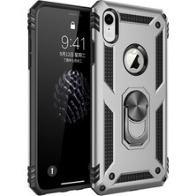 LionTech Apple iPhone XR Kılıf Zırh Koruma Yüzüklü Standlı Armor Silikon Kapak Gri