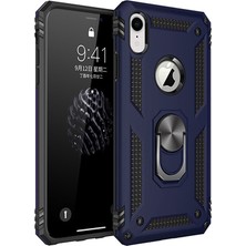 LionTech Apple iPhone XR Kılıf Zırh Koruma Yüzüklü Standlı Armor Silikon Kapak + Ekran Koruma Mavi