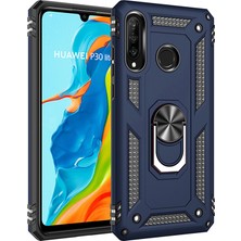 LionTech Huawei P30 Lite Kılıf Zırh Koruma Yüzüklü Standlı Armor Silikon Kapak Mavi