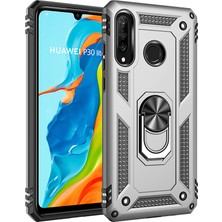 LionTech Huawei P30 Lite Kılıf Zırh Koruma Yüzüklü Standlı Armor Silikon Kapak + Ekran Koruma Gri