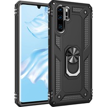 LionTech Huawei P30 Pro Kılıf Zırh Koruma Yüzüklü Standlı Armor Silikon Kapak Siyah