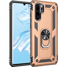 LionTech Huawei P30 Pro Kılıf Zırh Koruma Yüzüklü Standlı Armor Silikon Kapak Gold