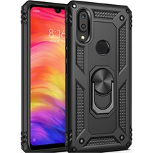 LionTech Huawei Y7 2019 Kılıf Zırh Koruma Yüzüklü Standlı Armor Silikon Kapak + Ekran Koruma Siyah