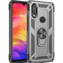 LionTech Huawei Y7 2019 Kılıf Zırh Koruma Yüzüklü Standlı Armor Silikon Kapak + Ekran Koruma Gri