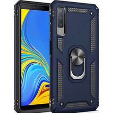 LionTech Samsung Galaxy A7 2018 Kılıf Zırh Koruma Yüzüklü Standlı Armor Silikon Kapak Mavi