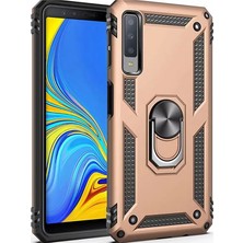 LionTech Samsung Galaxy A7 2018 Kılıf Zırh Koruma Yüzüklü Standlı Armor Silikon Kapak + Ekran Koruma Gold