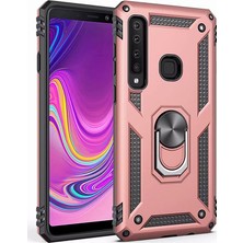 LionTech Samsung Galaxy A9 2018 Kılıf Zırh Koruma Yüzüklü Standlı Armor Silikon Kapak + Ekran Koruma Rose Gold