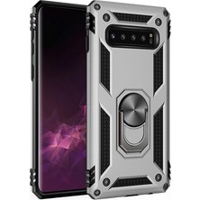 LionTech Samsung Galaxy S10 Plus Kılıf Zırh Koruma Yüzüklü Standlı Armor Silikon Kapak Gri