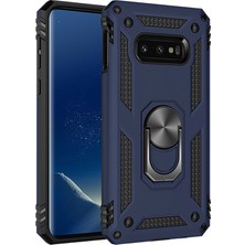 LionTech Samsung Galaxy S10E Kılıf Zırh Koruma Yüzüklü Standlı Armor Silikon Kapak Mavi