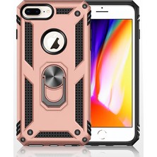 LionTech Apple iPhone 7 Plus Kılıf Zırh Koruma Yüzüklü Standlı Armor Silikon Kapak Rose Gold