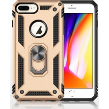 LionTech Apple iPhone 8 Plus Kılıf Zırh Koruma Yüzüklü Standlı Armor Silikon Kapak Gold