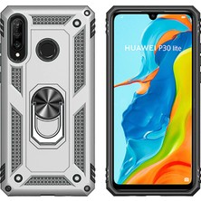 LionTech Huawei P30 Lite Kılıf Zırh Koruma Yüzüklü Standlı Armor Silikon Kapak + Ekran Koruma Gri