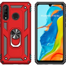 LionTech Huawei P30 Lite Kılıf Zırh Koruma Yüzüklü Standlı Armor Silikon Kapak + Ekran Koruma Kırmızı