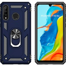 LionTech Huawei P30 Lite Kılıf Zırh Koruma Yüzüklü Standlı Armor Silikon Kapak + Ekran Koruma Mavi