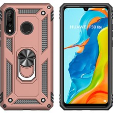 LionTech Huawei P30 Lite Kılıf Zırh Koruma Yüzüklü Standlı Armor Silikon Kapak + Ekran Koruma Rose Gold