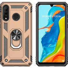 LionTech Huawei P30 Lite Kılıf Zırh Koruma Yüzüklü Standlı Armor Silikon Kapak + Nano Ekran Koruma Gold