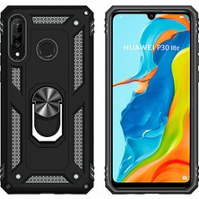 LionTech Huawei P30 Lite Kılıf Zırh Koruma Yüzüklü Standlı Armor Silikon Kapak Siyah