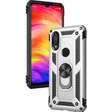 LionTech Huawei Y7 2019 Kılıf Zırh Koruma Yüzüklü Standlı Armor Silikon Kapak + Ekran Koruma Gri