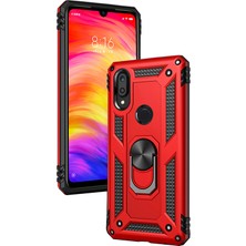 LionTech Huawei Y7 2019 Kılıf Zırh Koruma Yüzüklü Standlı Armor Silikon Kapak Kırmızı