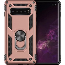 LionTech Samsung Galaxy S10e Kılıf Zırh Koruma Yüzüklü Standlı Armor Silikon Kapak Rose Gold