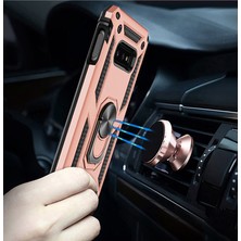 LionTech Samsung Galaxy S10e Kılıf Zırh Koruma Yüzüklü Standlı Armor Silikon Kapak Rose Gold