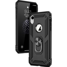 LionTech Apple iPhone XR Kılıf Zırh Koruma Yüzüklü Standlı Armor Silikon Kapak Siyah