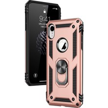 LionTech Apple iPhone XR Kılıf Zırh Koruma Yüzüklü Standlı Armor Silikon Kapak Rose Gold