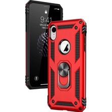 LionTech Apple iPhone XR Kılıf Zırh Koruma Yüzüklü Standlı Armor Silikon Kapak + Ekran Koruma Kırmızı