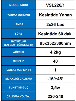 Arsel Versalite LED VSL226/1 Acil Aydınlatma Armatürü Kesintide 60 Dk Yanan 2X26 LED