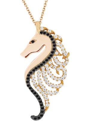 Altınsepeti Gümüş Siyah Beyaz Taşlı Deniz Atı Kolye G711KL