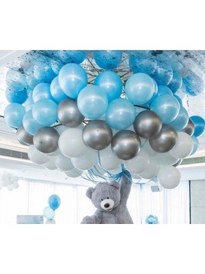 Balon Evi 30 Adet Metalik Balon (Mavi - Beyaz - Gümüş Karışık) Uçan Balon