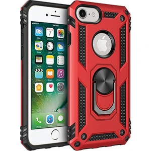 Apple iPhone 7 Kılıf Zırh Koruma Yüzüklü Standlı Armor Silikon Kapak Kırmızı