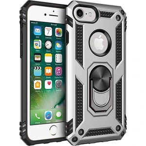 Apple iPhone 7 Kılıf Zırh Koruma Yüzüklü Standlı Armor Silikon Kapak Gri
